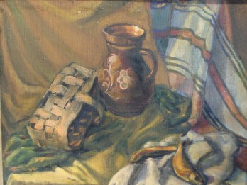 Painting маслом Натюрморт Кувшин, корзина, рыба