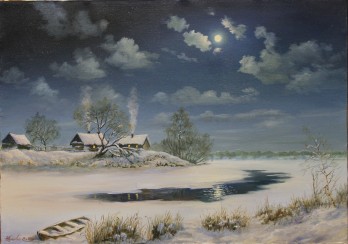 Картина маслом Зима. Лунная ночь