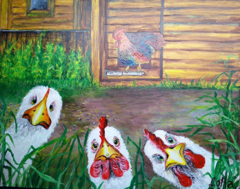Painting маслом Смешная куриная семейка"