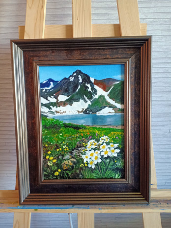 Painting маслом Горное озеро и белые цветы