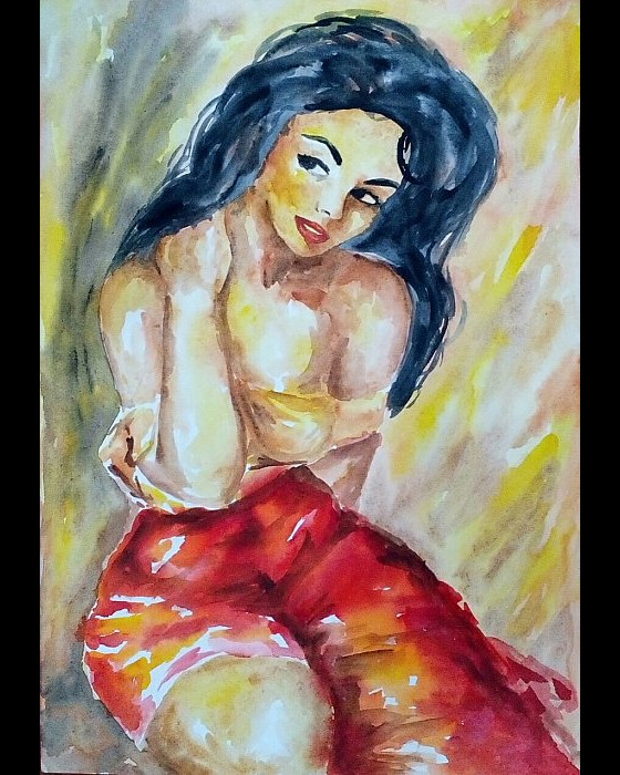 Painting акварелью Девушка в красном