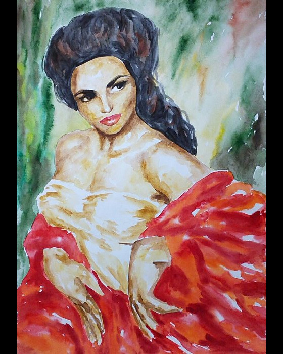 Painting акварелью Девушка в красном