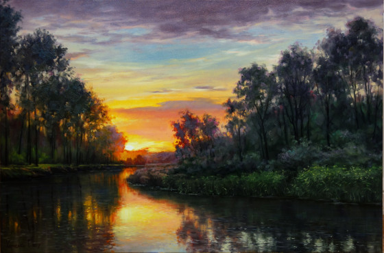 Painting маслом Sunset over the river.