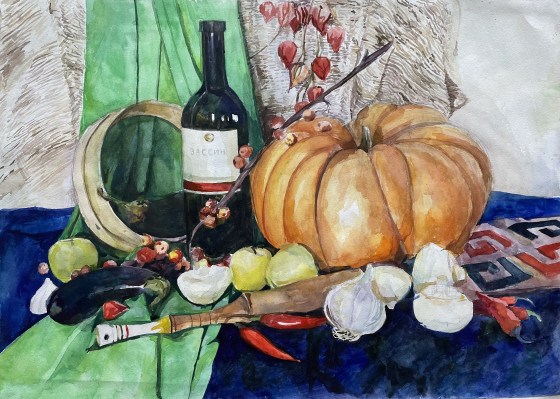 Painting акварелью Still Life with Pumpkin