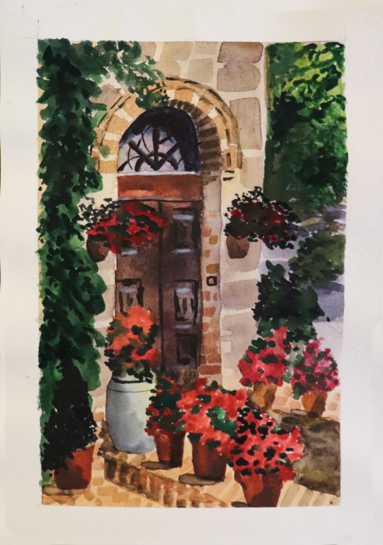 Painting акварелью Дворик в цветах