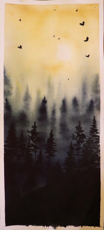 Painting акварелью Лес в тумане