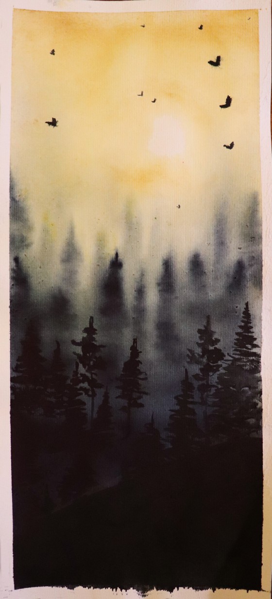 Painting акварелью Лес в тумане