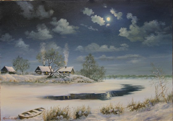 Painting маслом Зима. Лунная ночь