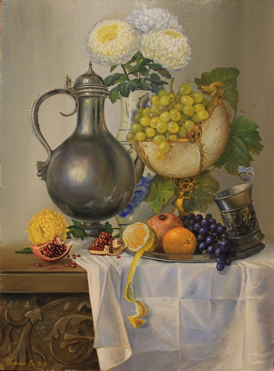 Painting маслом Натюрморт с хризантемами и виноградом 