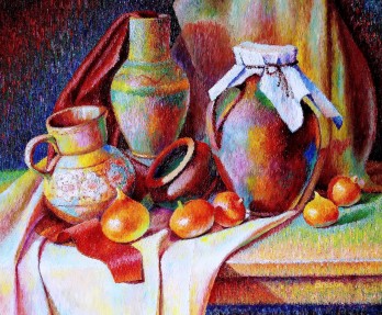 Painting маслом Репчатый лук и кувшины