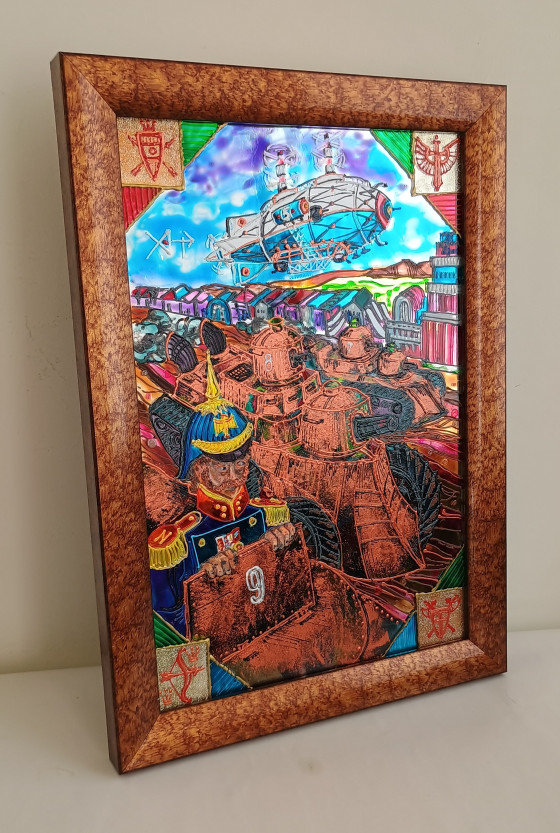 Painting в смешанной технике Витражная картина " Военный парад в эпоху дизельпанка "