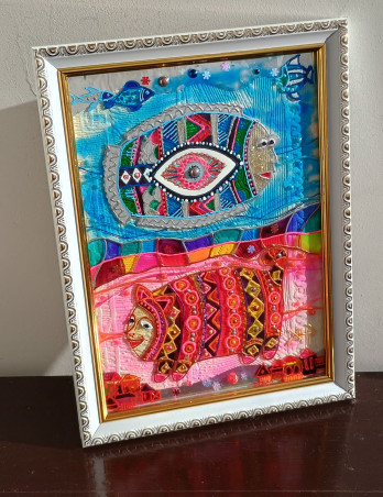 Painting в смешанной технике Витражная картина "Рыбы и Коты"