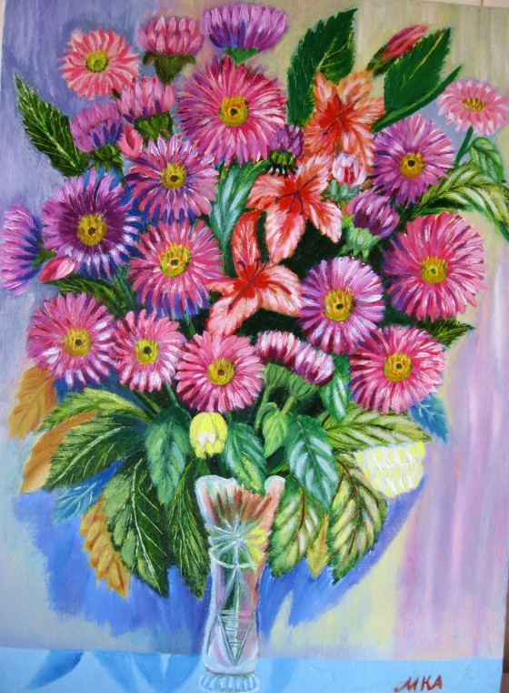 Painting маслом "Радужные астры в хрустале"