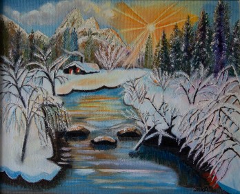 Painting маслом "Зима в ущелье гор"