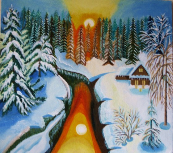 Painting маслом "Зимний закат в лесу с отражением в воде"