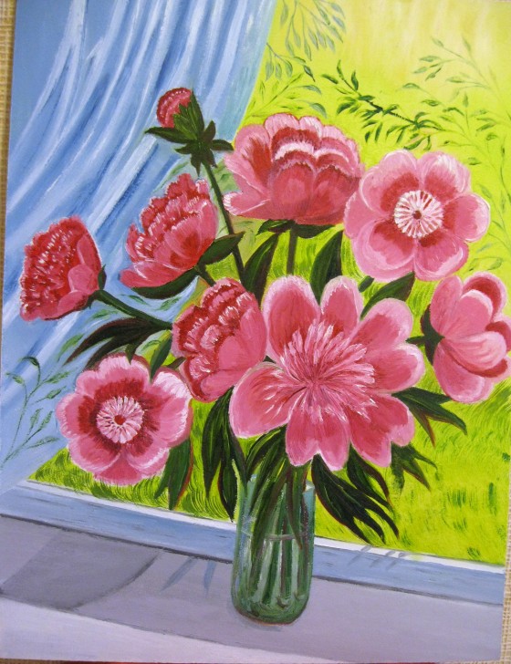 Painting маслом "Пионы на открытом окне"