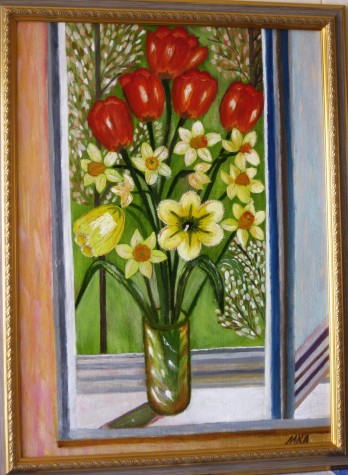 Painting маслом Тюльпаны и нарциссы на окне