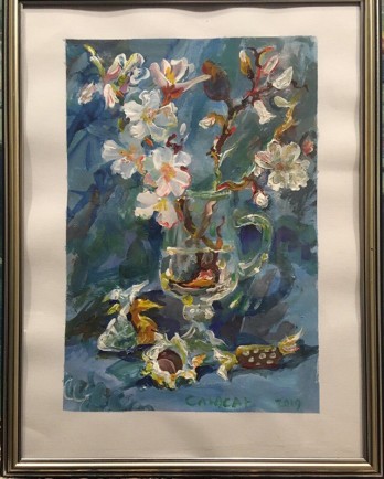 Painting акрилом Натюрморт с конфетами и веточкой цветущего миндаля