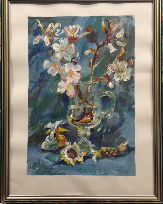 Painting акрилом Натюрморт с конфетами и веточкой цветущего миндаля