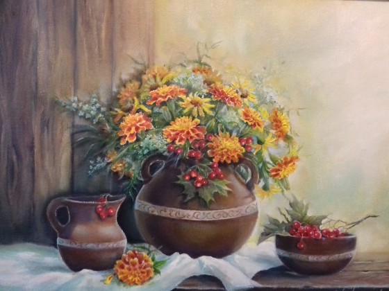 Painting маслом Чорнобривцi i калина