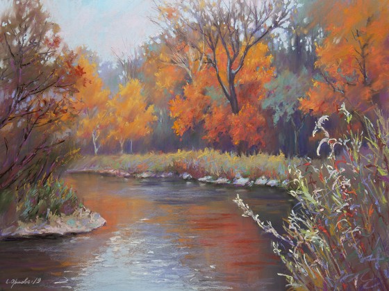 Painting пастелью На осеннем берегу