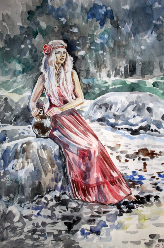 Painting акварелью Девушка у ручья