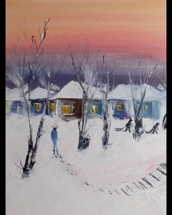 Painting маслом Зимний вечер в деревне