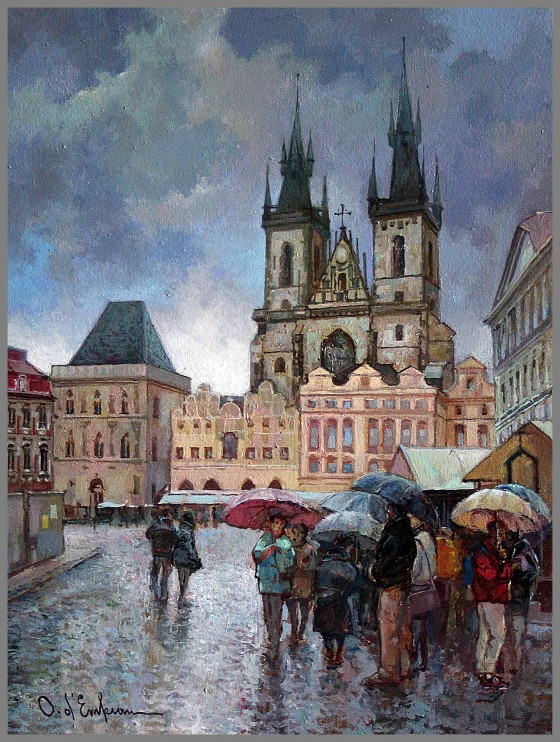Painting маслом Дождь. Староместская площадь(Влюблённым зонт не нужен)