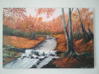 Painting маслом Ручей в осеннем лесу 