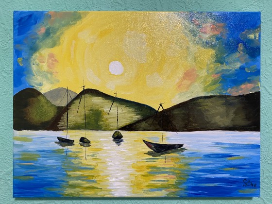 Painting маслом Лодки в бухте