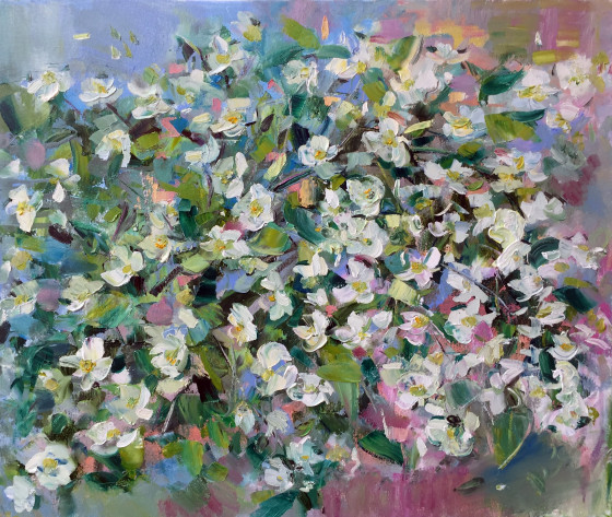 Painting маслом Куст жасмина