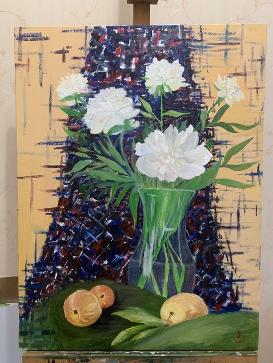 Painting маслом Пионы и персики 