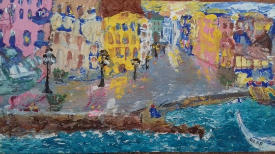 Painting маслом Город и море.Масло. Оргалит. Размеры 28×13