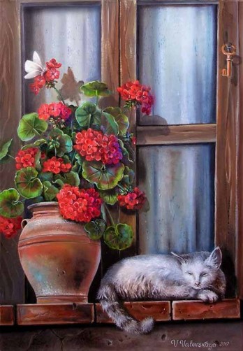 Painting маслом Котёнок и герань