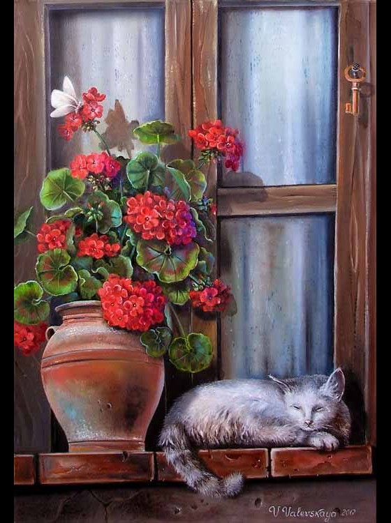 Painting маслом Котёнок и герань