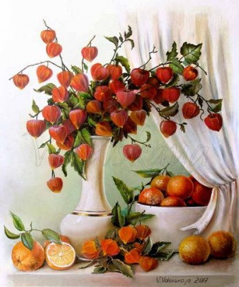 Painting маслом "Физалис и апельсины" - 2017 год; холст, масло; 60см х 50см; художник - Валентина Валевская - 3000