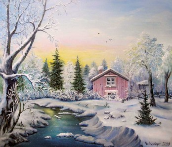Painting маслом Домик у речки
