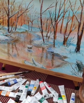 Painting акварелью Зимний пейзаж