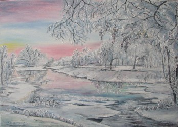 Painting маслом Зимний пейзаж.Первая оттепель