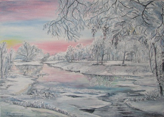 Painting маслом Зимний пейзаж.Первая оттепель