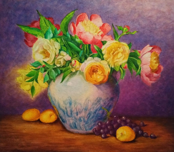 Painting акрилом Цветы пионы и розы в вазе