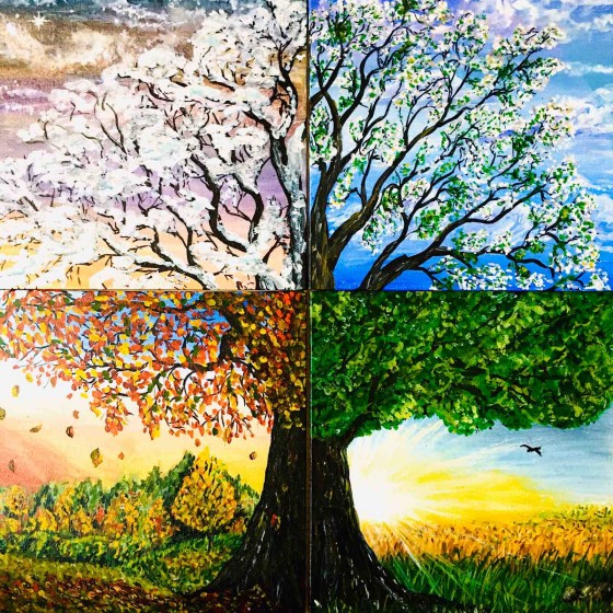 Painting гуашью Модульная картина (4 части) "Дерево жизни"