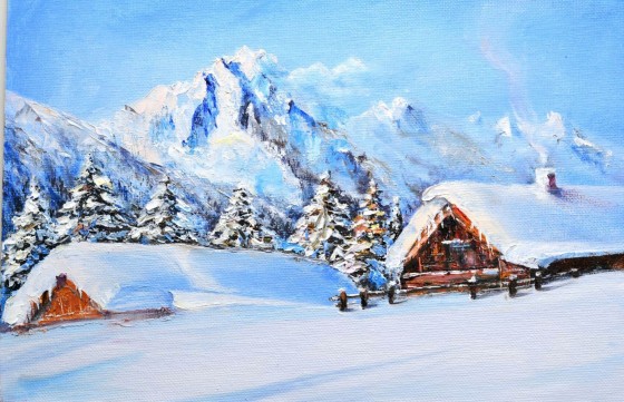 Painting маслом Зимний пейзаж. Домики в горах