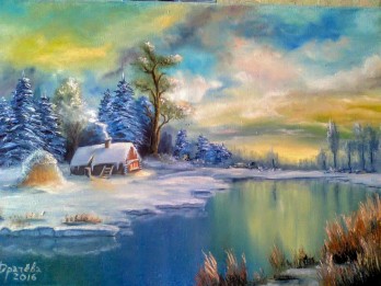 Painting маслом Зима в деревне