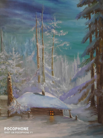 Painting маслом Хижина в лесу