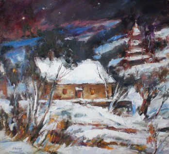 Painting маслом Рождественская ночь в Карпатах