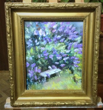 Painting маслом Одинокая скамейка в весеннем саду