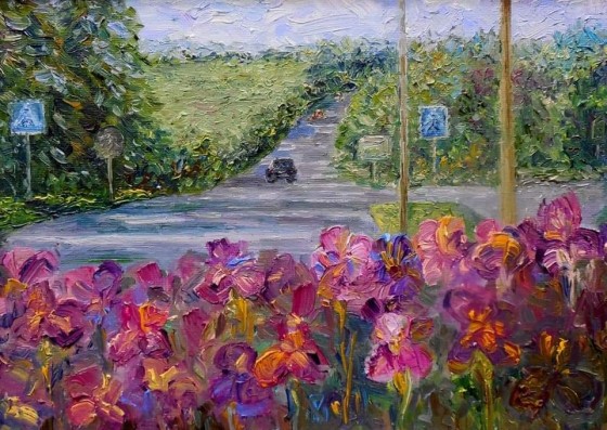 Painting маслом Літо. Дорога. Іриси