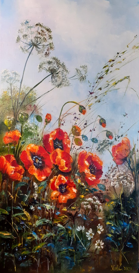 Painting маслом Маки в траве.