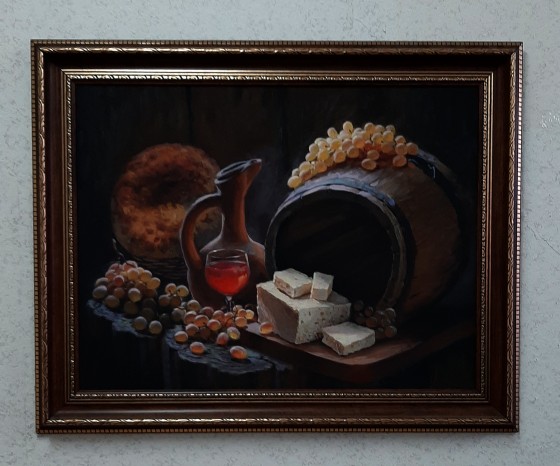 Painting в смешанной технике Натюрморт с молодым вином, сыром и виноградом.